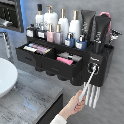 iHave Toothbrush Holders for Bathrooms, 2 Cups Toothbrush Holder Wall Mounted with Toothpaste Dispenser - Large Capacity Tray, Cosmetic Drawer - Tooth Brushing Holder & Bathroom Accessories