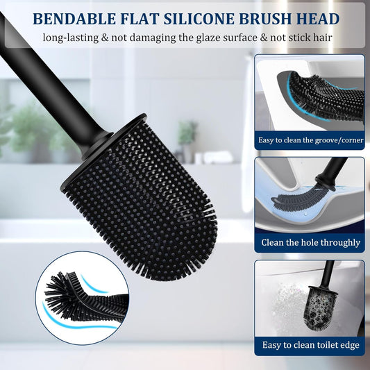 Silicone Toilet Brush and Holder Set, Toilet Brushes with Ventilated Holder, Wall Mounted Toilet Bowl Brush with Long Handle Bendable Brush Head, Black Toilet Brush Cleaner for Bathroom RV