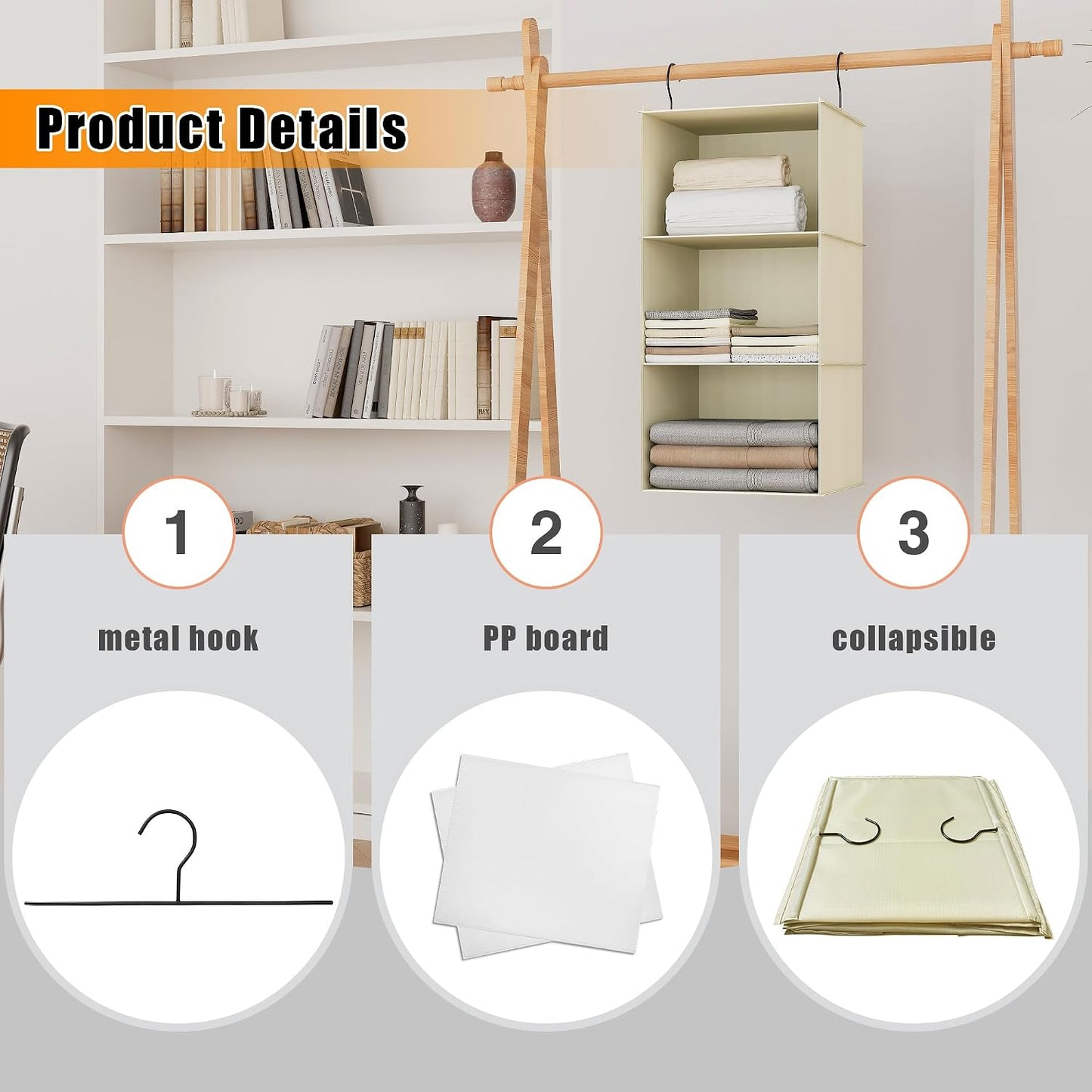 Hanging Closet Organizer 3-Shelf, Oxford Fabric Wardrobe Storage, Gray | Easy-mount foldable design holds clothes, handbags, shoes & accessories; washable Oxford fabric, sturdy and space-saving.