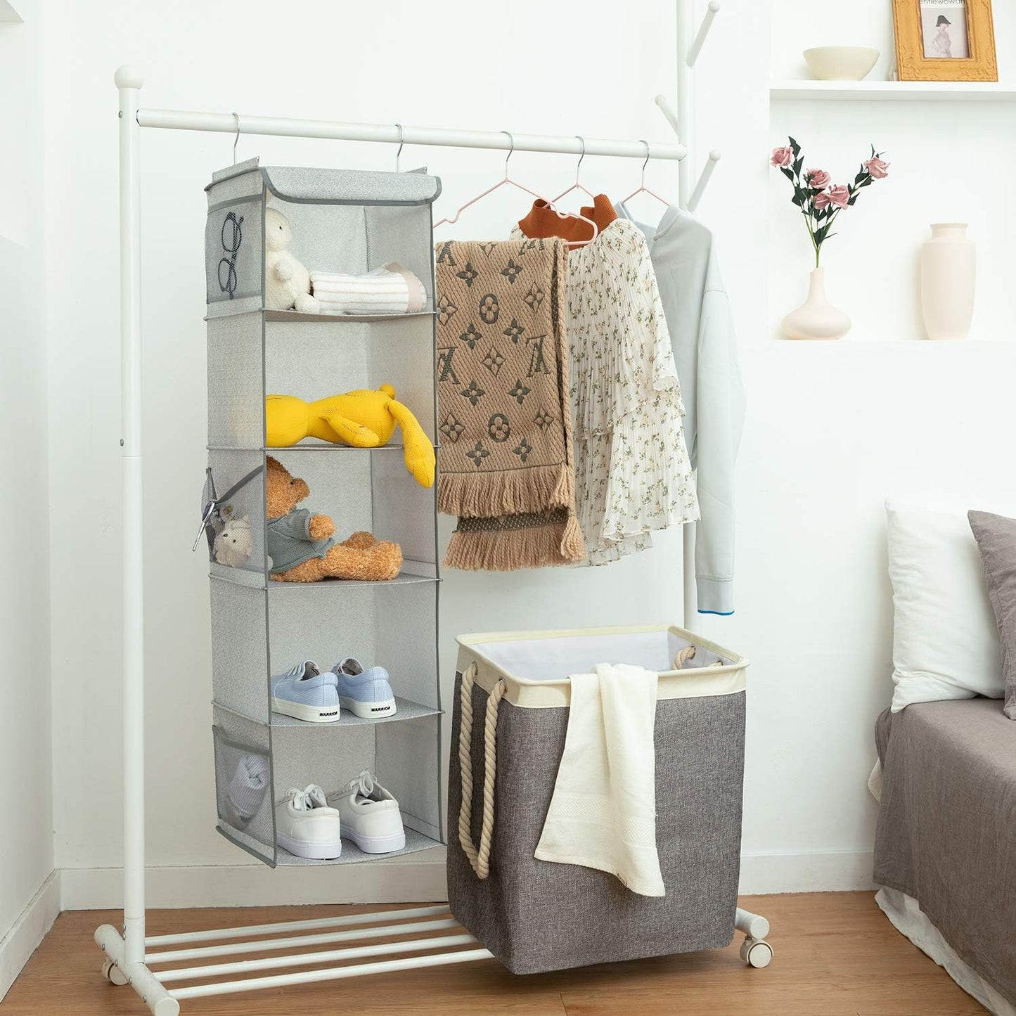 BrilliantJo 2 Pack Hanging Closet Organizer, 5 Shelves Hanging Storage with 6 Side Pockets for Clothes Shoes, 43"x12"x12"(Black)