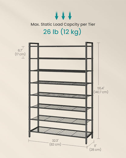 SONGMICS Metal Shoe Rack, Free Standing Shoe Organizer for Entryway Closet Garage Small Spaces, Heavy-Duty Slim Steel Storage Shelf, 8-Tier, Fits 16-24 Pairs, Bronze ULMR028A01