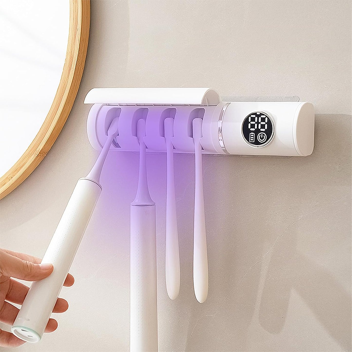 Wall Mounted Toothbrush Holder, Electric Smart Toothbrush Holders with Cleaning & Drying, 4 Toothbrush Slots Cleaner Case with Dust Cover, Toothbrush Organizer for Bathroom (White)