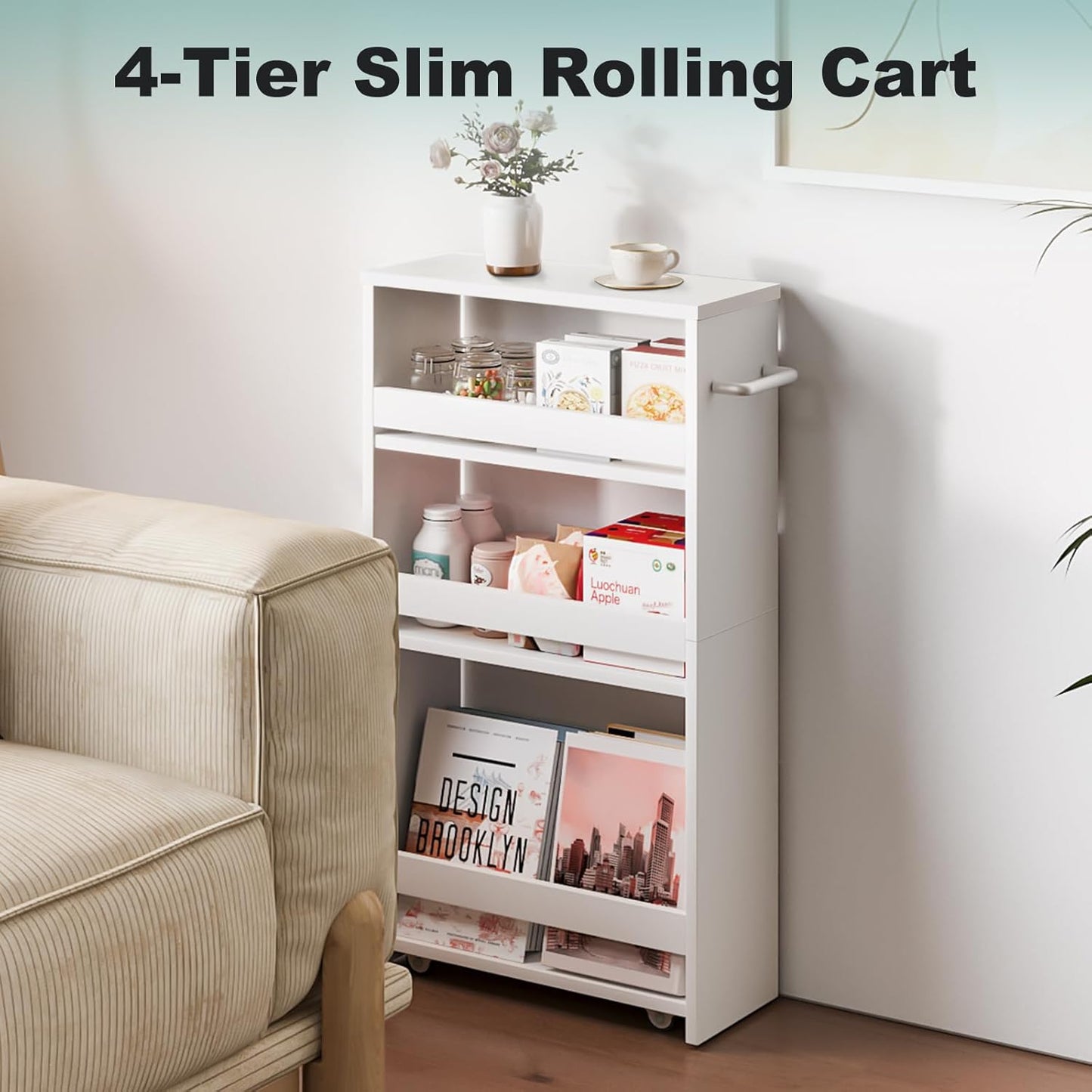 MARTY Slim Rolling Storage Cart 4-Tier Kitchen Cart with Wheels, Laundry Room Storage with Handle Slide Out Utility Cart Shelving Unit Organizer Trolley for Narrow Places Bathroom Small Corner, Black