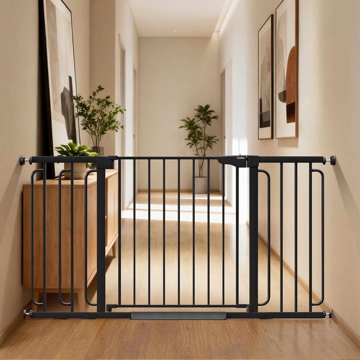 Cumbor 29.7-48" Baby Gate for Stairs, Mom's Choice Awards Winner-Dog Gate for Doorways, Auto Close Safety Pet Gate for Dogs Indoor, Easy Install Pressure Mounted Child Gate with Walk Thru Door, Brown