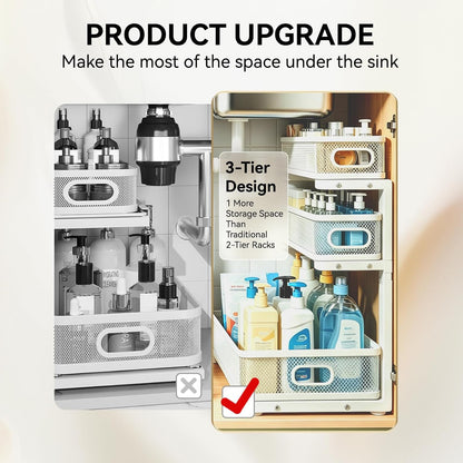2 Pack 3 Tier Under Sink Organizer with Pull Out Drawer, Height Adjustable Heavy Duty Metal Under Cabinet Organizer, Smooth Sliding Storage Shelf for Kitchen, Bathroom Cabinet Organization, White