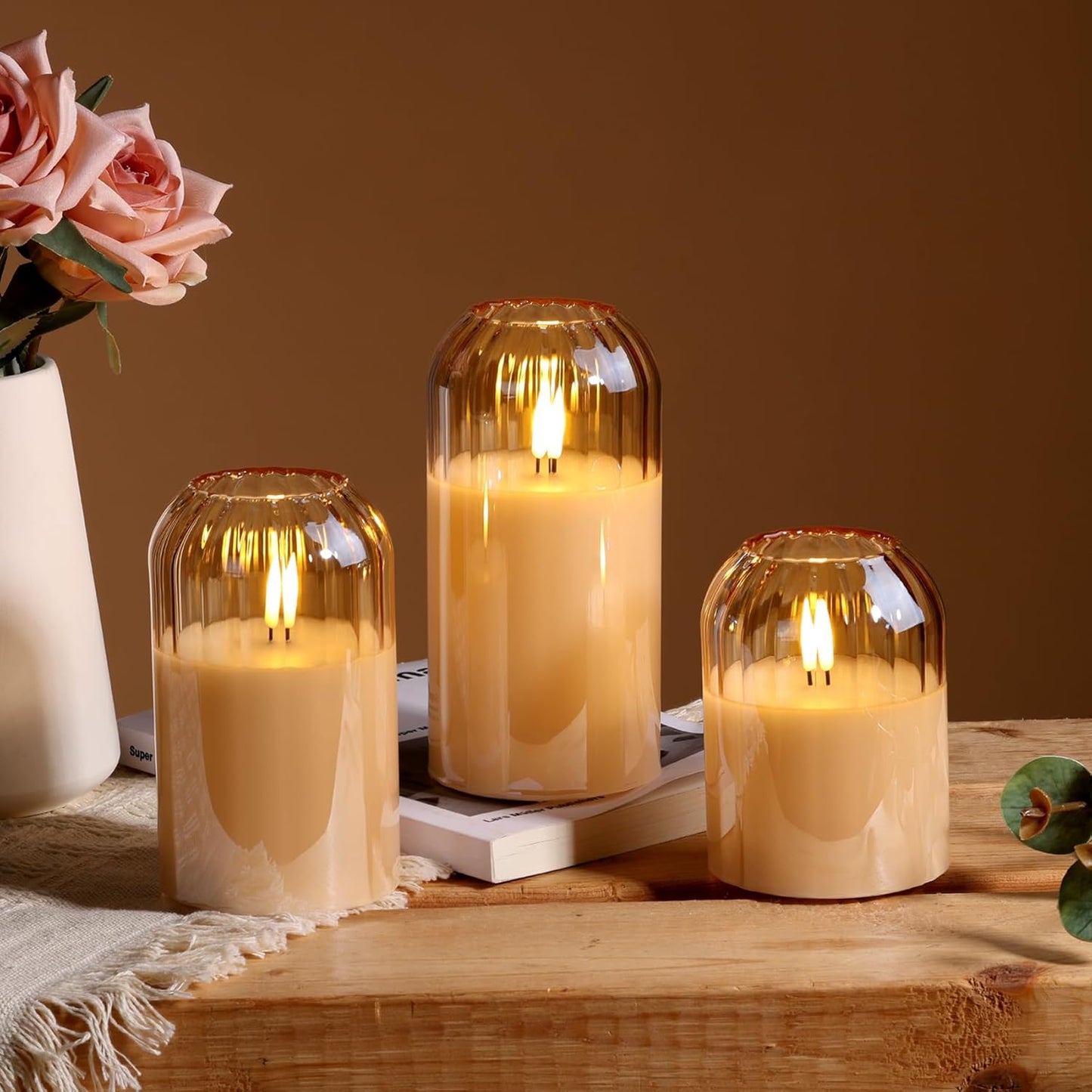 Grey Glass Flameless Pillar Candles with Remote, Flickering Battery LED Candles Table Decor Gift Set of 3