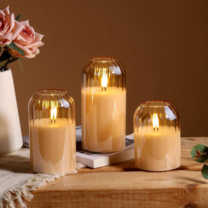 Grey Glass Flameless Pillar Candles with Remote, Flickering Battery LED Candles Table Decor Gift Set of 3