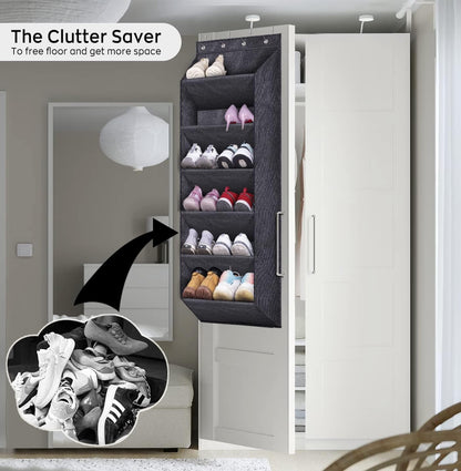 SLEEPING LAMB Over The Door Shoe Organizer for Closet with Large Deep Pockets, Narrow Shoe Rack for Door Hanging Boots Storage, Black