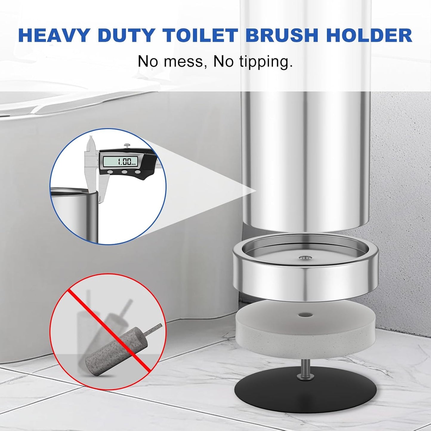 Brushed Nickel Toilet Brush and Holder Set, 304 Stainless Steel Toilet Brush for Bathroom, Heavy Duty Toilet Bowl Brush with Holder, Removable Inner Bowl and Splash Protection, Long Handle