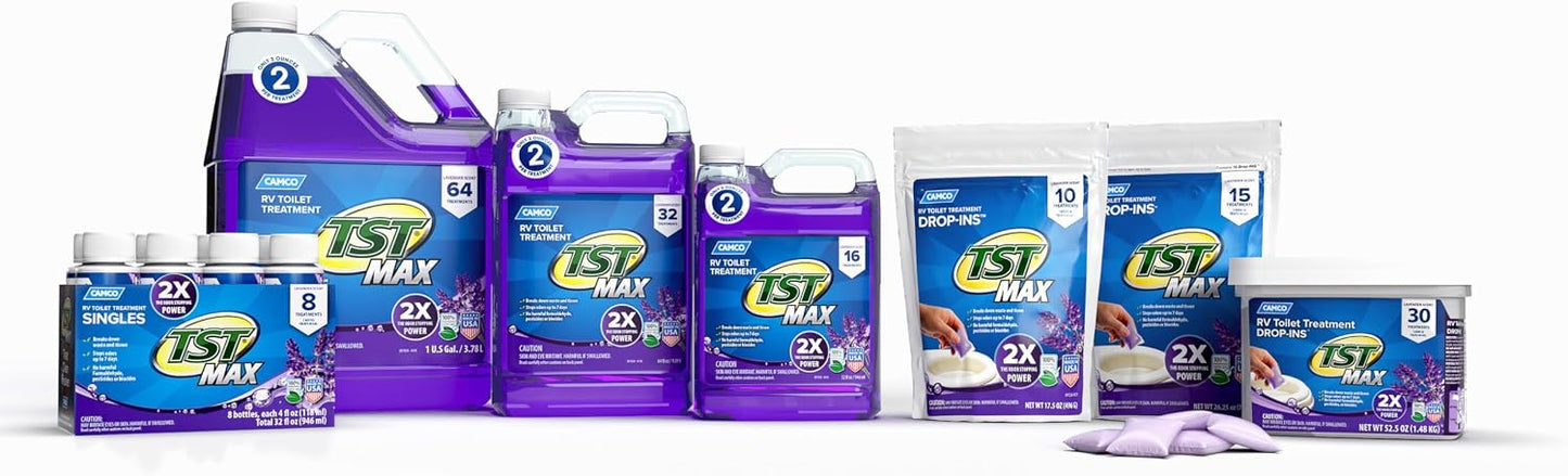 Camco TST MAX RV Toilet Treatment Drop-INs - Control Unwanted Odors and Break Down Waste and Tissue - Septic Tank Safe - Lavender Scent - 30-pack (41553)