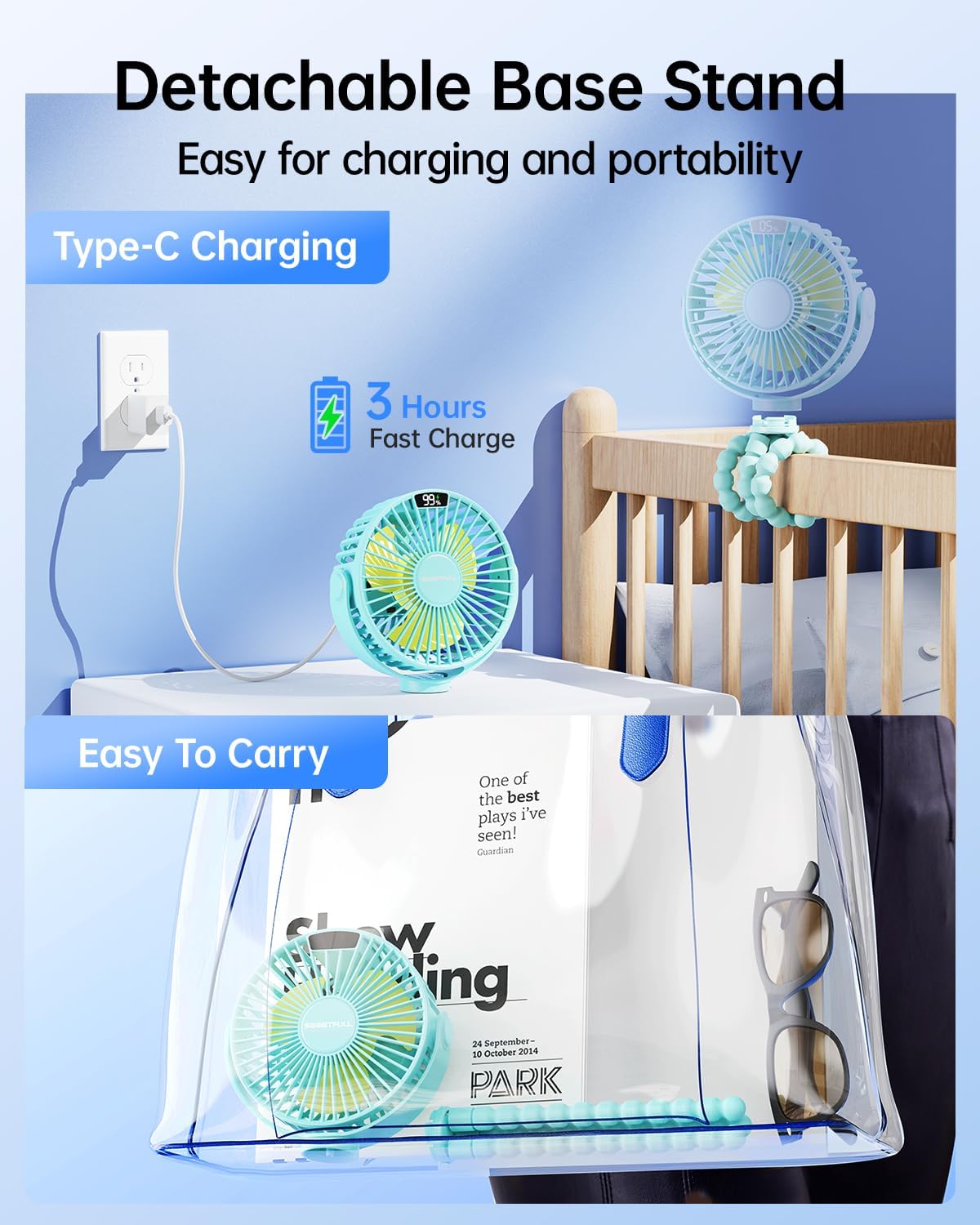 SWEETFULL [2026 Upgrade Portable Stroller Fan with LED Display, 4 Speed Rechargeable Mini Clip On Fan, 360° Rotate Flexible Tripod Better Cooling Small Baby Fan for Car Seat Crib Travel Treadmill