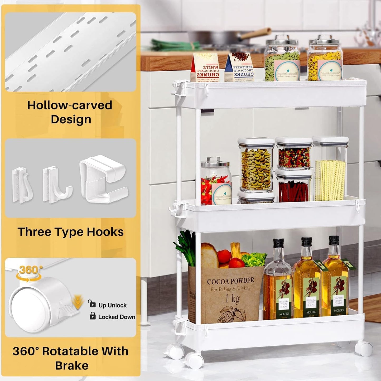 SPACEKEEPER Rolling Storage Cart 3 Tier, Bathroom Cart Organizer Laundry Room Organizer Utility Cart Mobile Shelving Unit Multi-Functional Shelves for Office, Kitchen, Bathroom, White