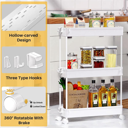 SPACEKEEPER Rolling Storage Cart 3 Tier, Bathroom Cart Organizer Laundry Room Organizer Utility Cart Mobile Shelving Unit Multi-Functional Shelves for Office, Kitchen, Bathroom, White