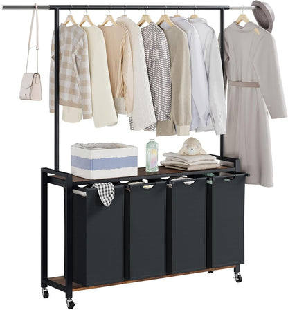 Laundry Basket Organizer, 2 Section Laundry Sorter with Lockable Wheels, Rolling Laundry Hamper with Hanging Rack & Shelf, Folding Station for Laundry Room, Bedroom, Bathroom, Dorm, Closet Storage