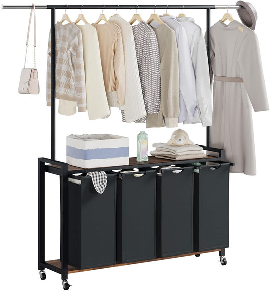 Laundry Basket Organizer, 2 Section Laundry Sorter with Lockable Wheels, Rolling Laundry Hamper with Hanging Rack & Shelf, Folding Station for Laundry Room, Bedroom, Bathroom, Dorm, Closet Storage