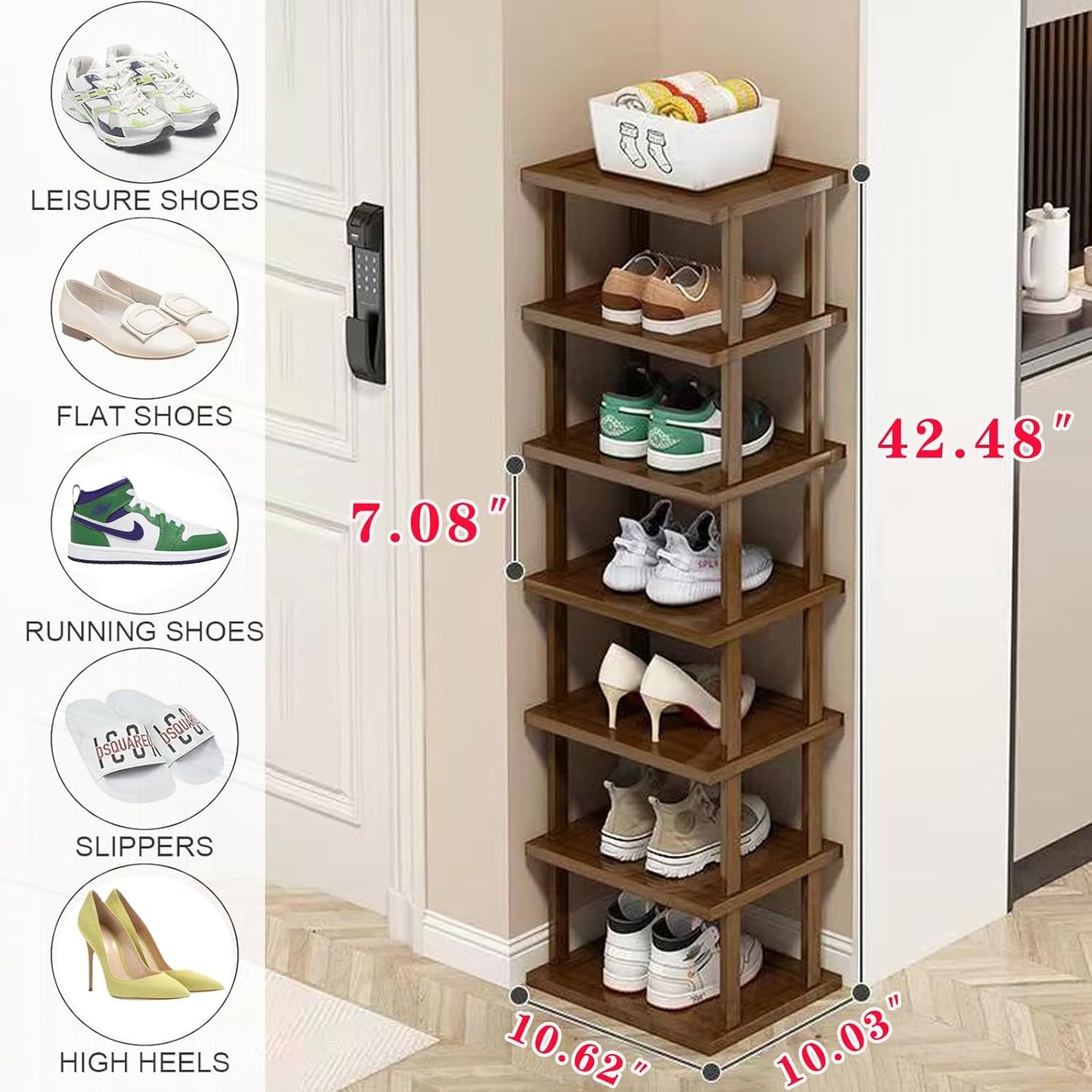 Vertical Shoe Rack - Tall Narrow Shoe Rack Organizer for Small Spaces,5 Tier Bamboo Shoen Shelf for Entryway,Closet,Corner,Doorway,Skinny Shoe Shelf Space Saving Shoe Storage,Free Stackable DIY