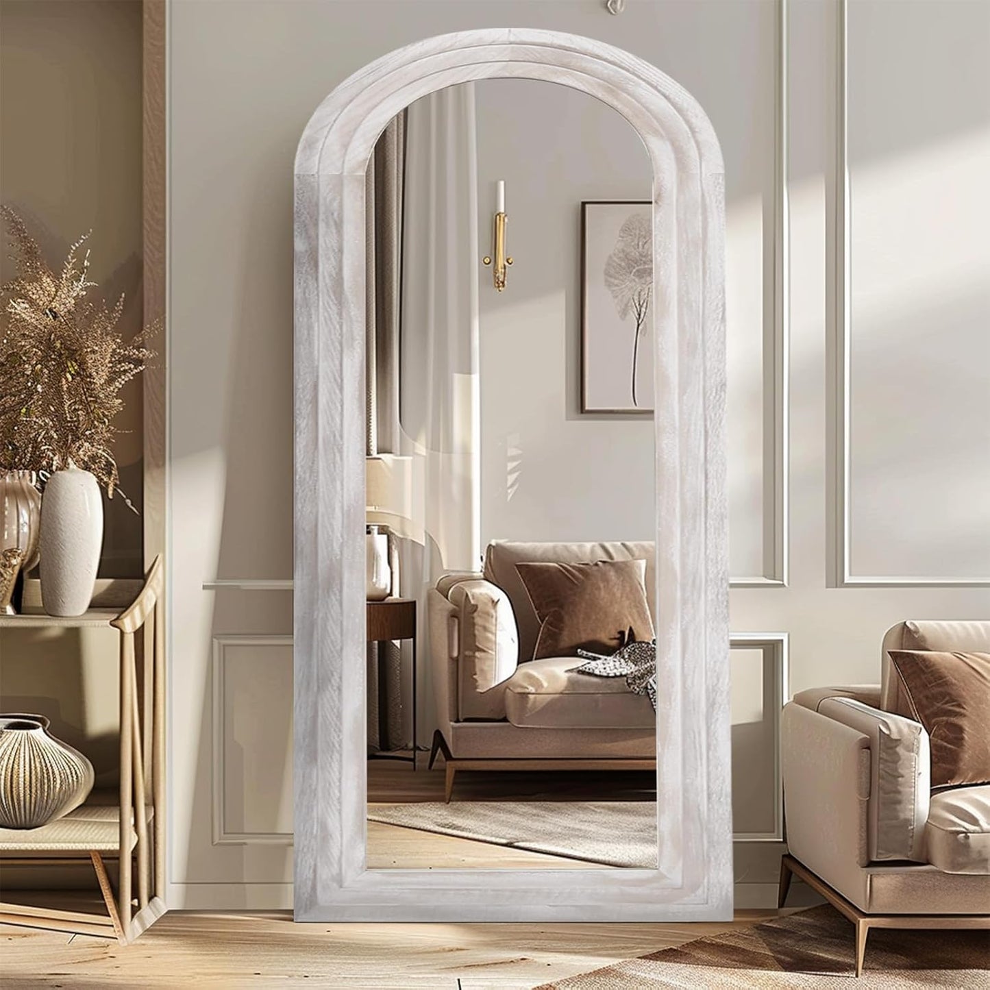 ZHUNFA Arched Full Length Mirror with Solid Wood Frame | 65x22 Farmhouse Wall Mirror Full Length with Stand, Vertical Hanging, Leaning Standing for Bedroom,Living Room, Rustic White