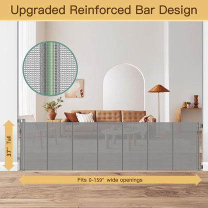 Reinforced 55" Wide Retractable Baby Gates with Reinforced Strips, Indoor/Outdoor Retractable Dog Gate for Doorway Prevent Bottom Drilling Through, No Bottom Bar Safety Mesh Baby Gate for Stair, Black