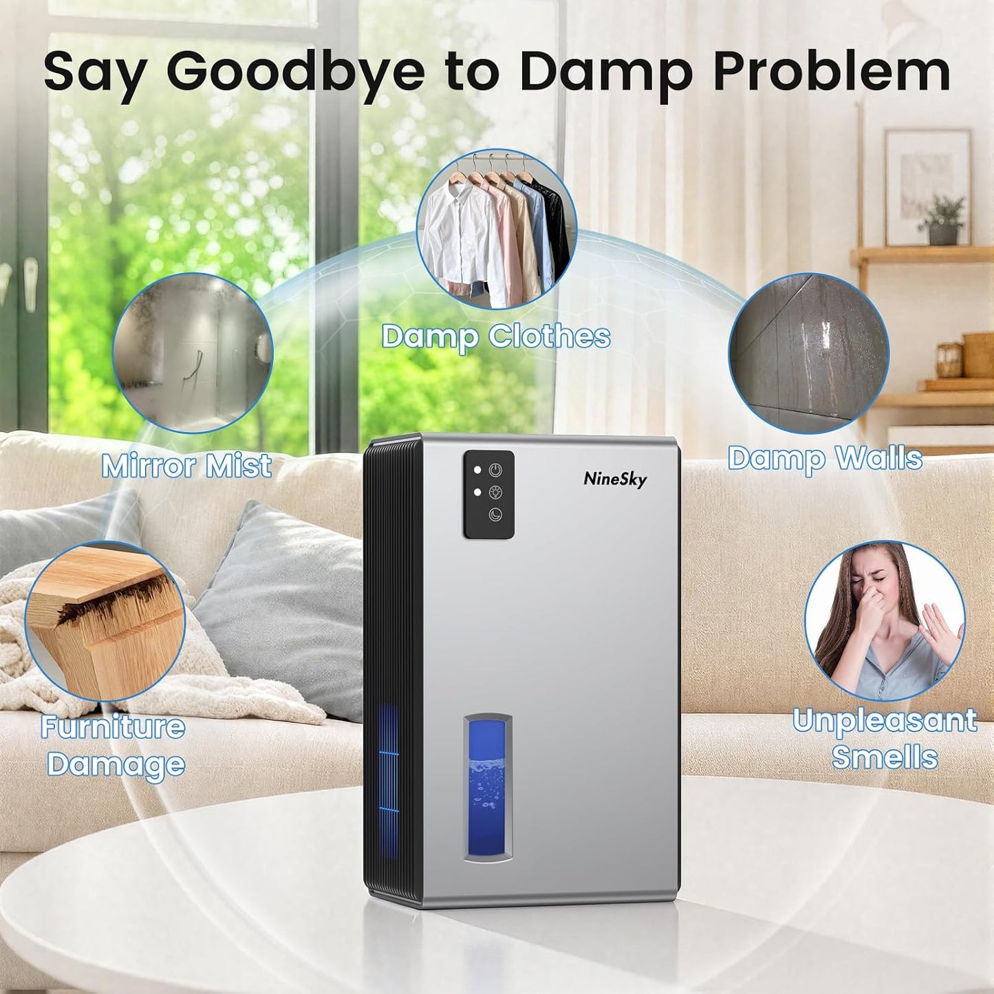 NineSky Dehumidifiers for Home, 1000 Sq.Ft Dehumidifier with 95oz Water Tank, Quiet Dehumidifier for Basement Bathroom Bedroom with 7-Color Ambient Light & Auto Shut Off, Sliver