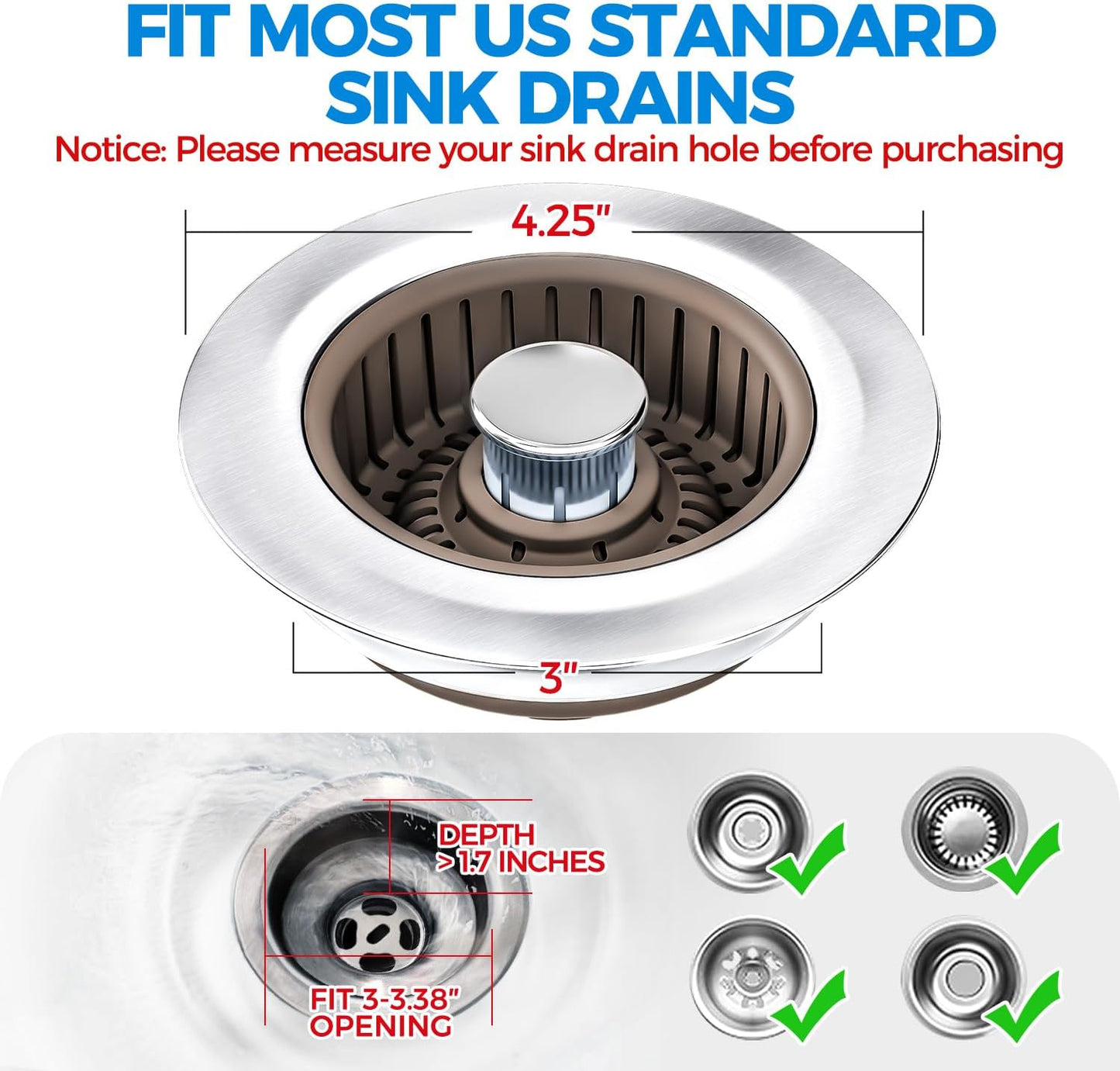 Sink Drain Strainer - Sink Stopper Kitchen Drain, 3 in 1 Kitchen Sink Drain Strainer with Anti-Clogging Basket, Kitchen Gadgets Clearance Sink Accessories, Fit US Standard 3-1/2'' Sink Hole, Silver