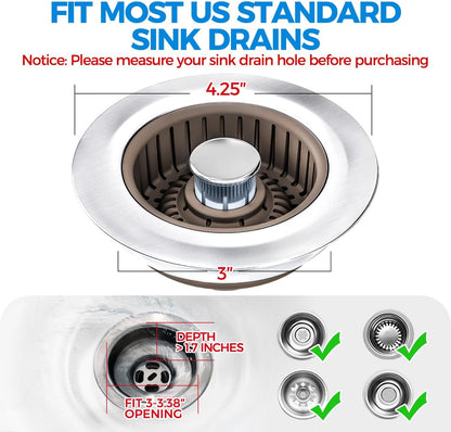 Sink Drain Strainer - Sink Stopper Kitchen Drain, 3 in 1 Kitchen Sink Drain Strainer with Anti-Clogging Basket, Kitchen Gadgets Clearance Sink Accessories, Fit US Standard 3-1/2'' Sink Hole, Silver
