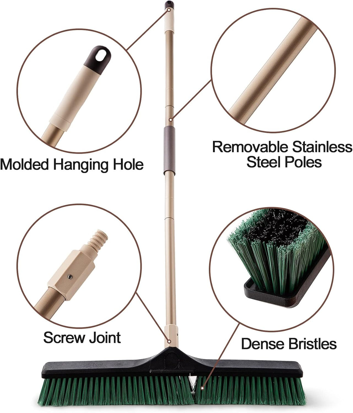 Eyliden Heavy Duty Push Broom 24" with 66" Long Handle | Garage Sweeper, Outdoor Stiff Bristles, For Concrete Sidewalk Driveway Yard Patio Deck Warehouse, Sweep Snow