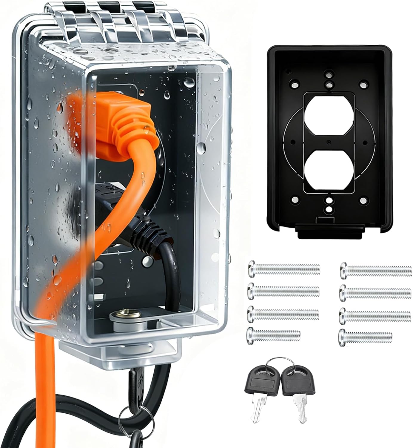 Universal Weatherproof Electrical Outlet Cover with Lock, Baby Proof Outlet Lock Box, Fits Most 2.6 "H x 2.56 "W or Smaller Plugs, Clear Outlet Waterproof Cover Box Fit for Outdoor In-Use