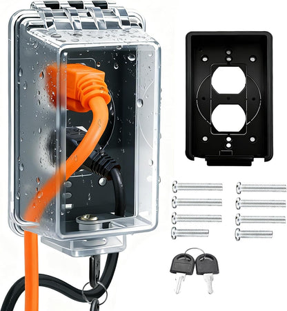 Universal Weatherproof Electrical Outlet Cover with Lock, Baby Proof Outlet Lock Box, Fits Most 2.6 "H x 2.56 "W or Smaller Plugs, Clear Outlet Waterproof Cover Box Fit for Outdoor In-Use