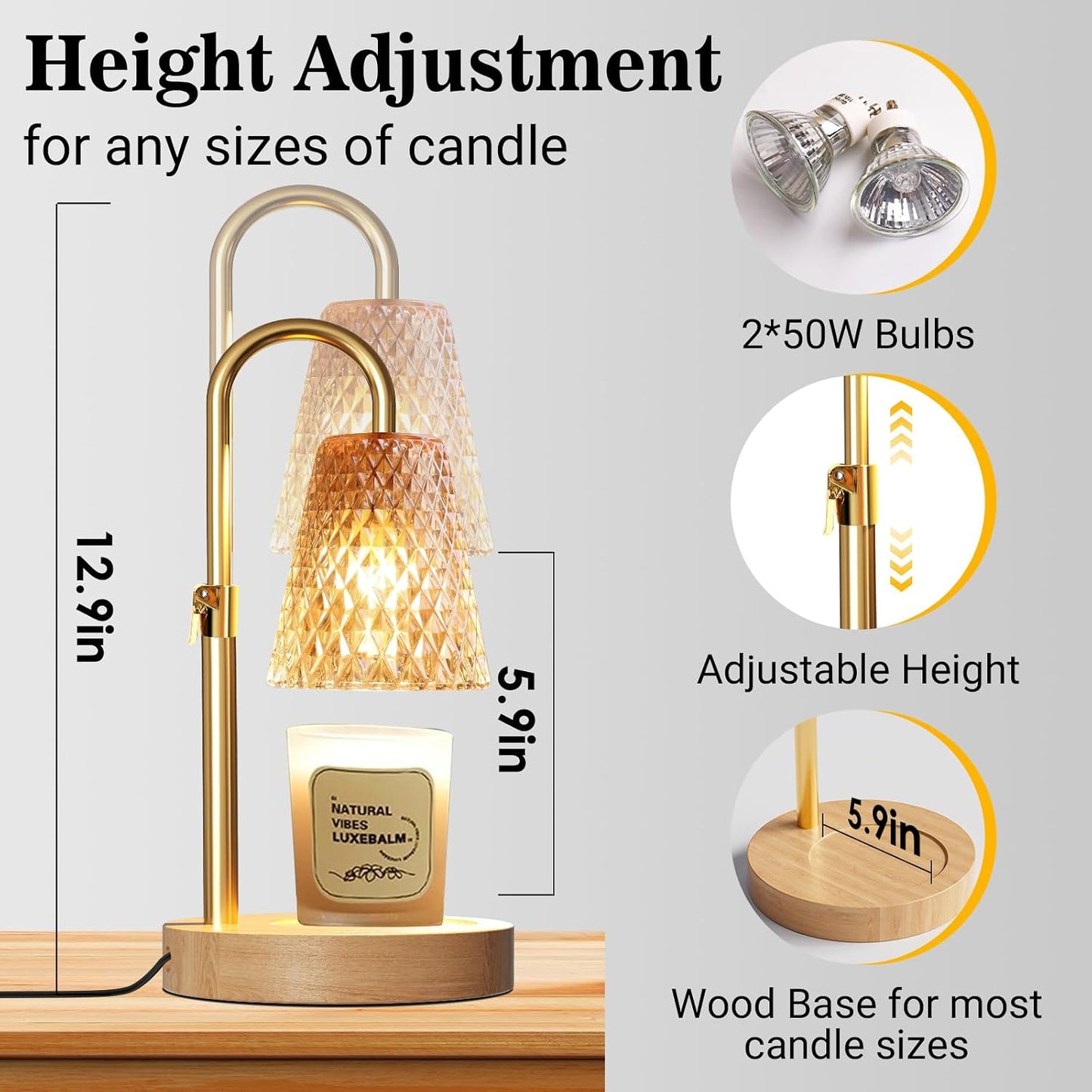 hyrion Candle Warmer Lamp with Timer Dimmable, Birthday Gifts for Women Mom, Adjustable Height Candle Warmer for Jar Candles, Flower Flameless Candle Lamps with 2 Bulbs, Housewarming, Home Decor