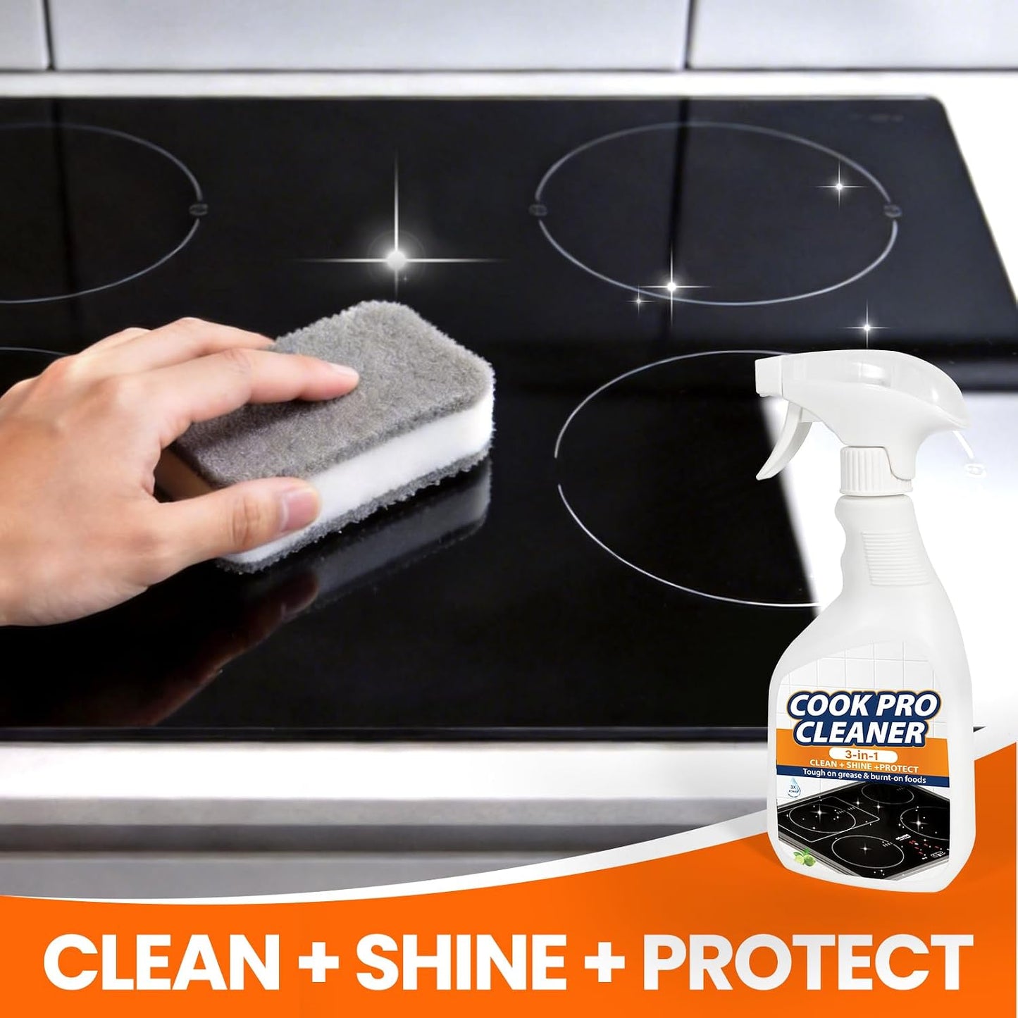 3-in-1 Stove Top and Oven Cleaner Kit - Glass Cooktop Cleaner for Ceramic Electric Gas & Induction Stoves - Includes Heavy Duty Scraper and Double-Sided Sponges for Burnt-on Grease, Oil & Grime