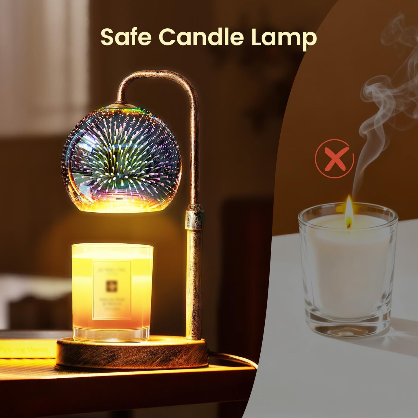 Glocusent Candle Warmer Lamp with Timer, Dimmable, Adjustable Retro 2 Bulbs | 3D Glass Globe with Firework Patterns, retro Candle Warmer Lamp for Jar Candles, Gifts for Women/Mom/Her, New Home Decor