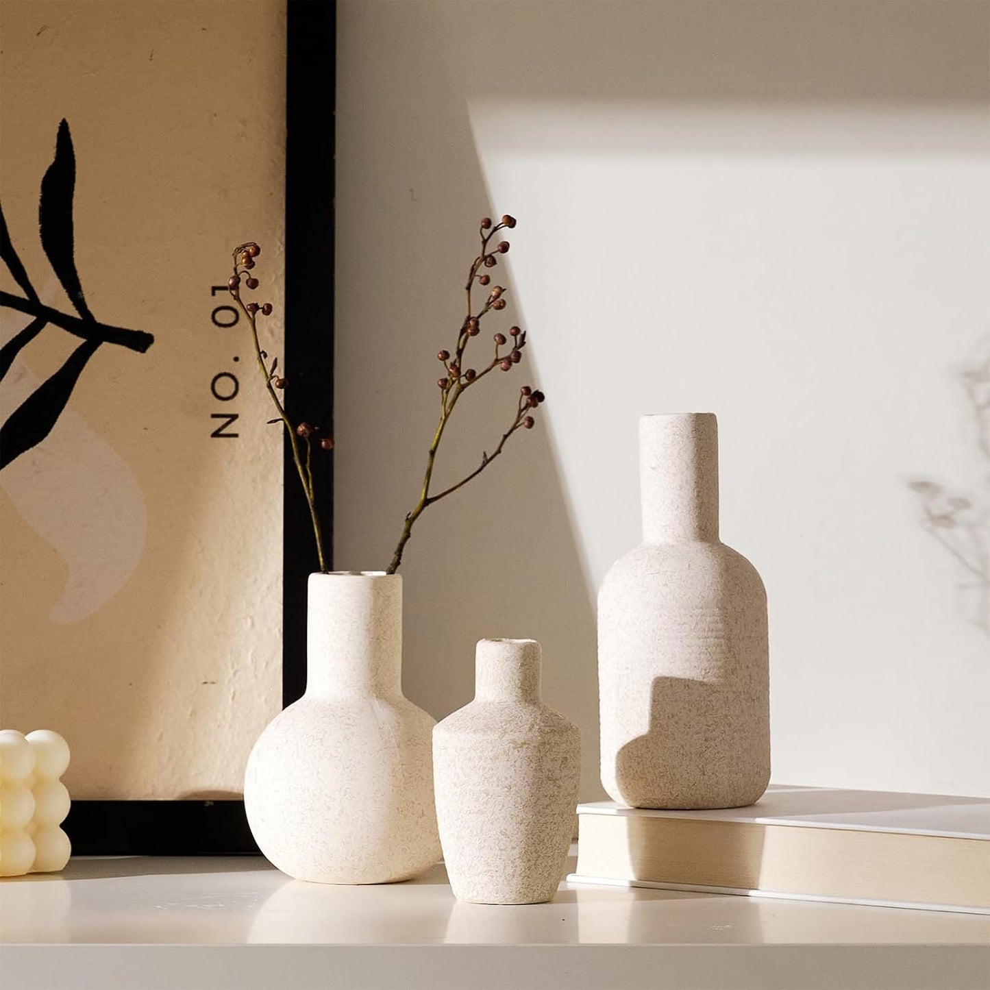 DN DECONATION Flower Vase Set of 3, Small Ceramic Vase Farmhouse Home Decor | Rustic Vases for Pampas Grass Dried Fresh Flowers, Living Room, Kitchen, Bedroom, Bathroom, Mantel Table Decor, Beige & Brown