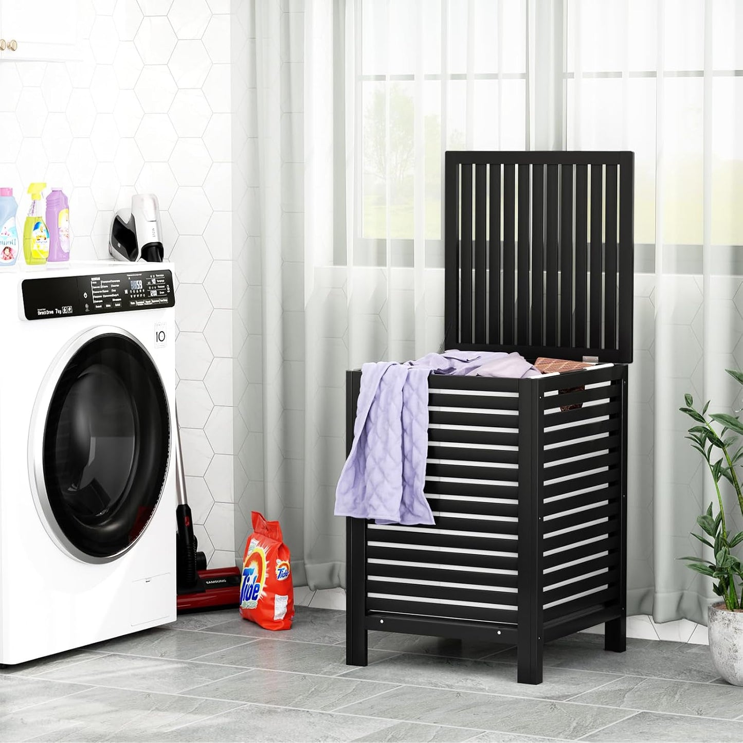 Homykic Bamboo Laundry Hamper with Lid, 120L Large Clothes Laundry Sorter with Removable 2-Section Liner Bag, Raised Laundry Basket Organizer for Clothing, Bathroom, Bedroom, Laundry Room, Natural