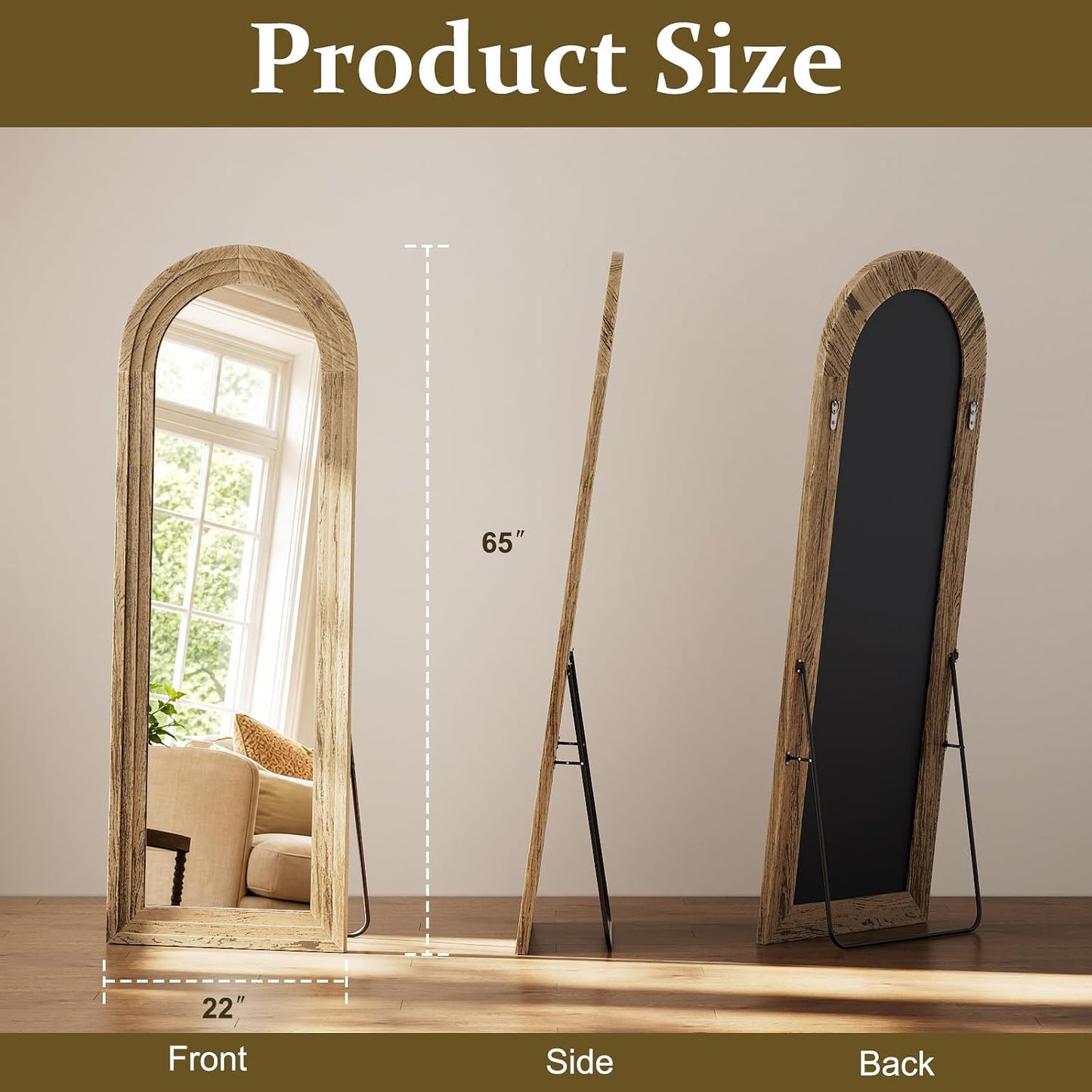 XRAMFY Full Length Mirror 65" x 22", Arched Large Floor Mirror with Solid Wood Frame, Freestanding & Wall Mounted, Antique Brown Finish for Bedroom Living Room