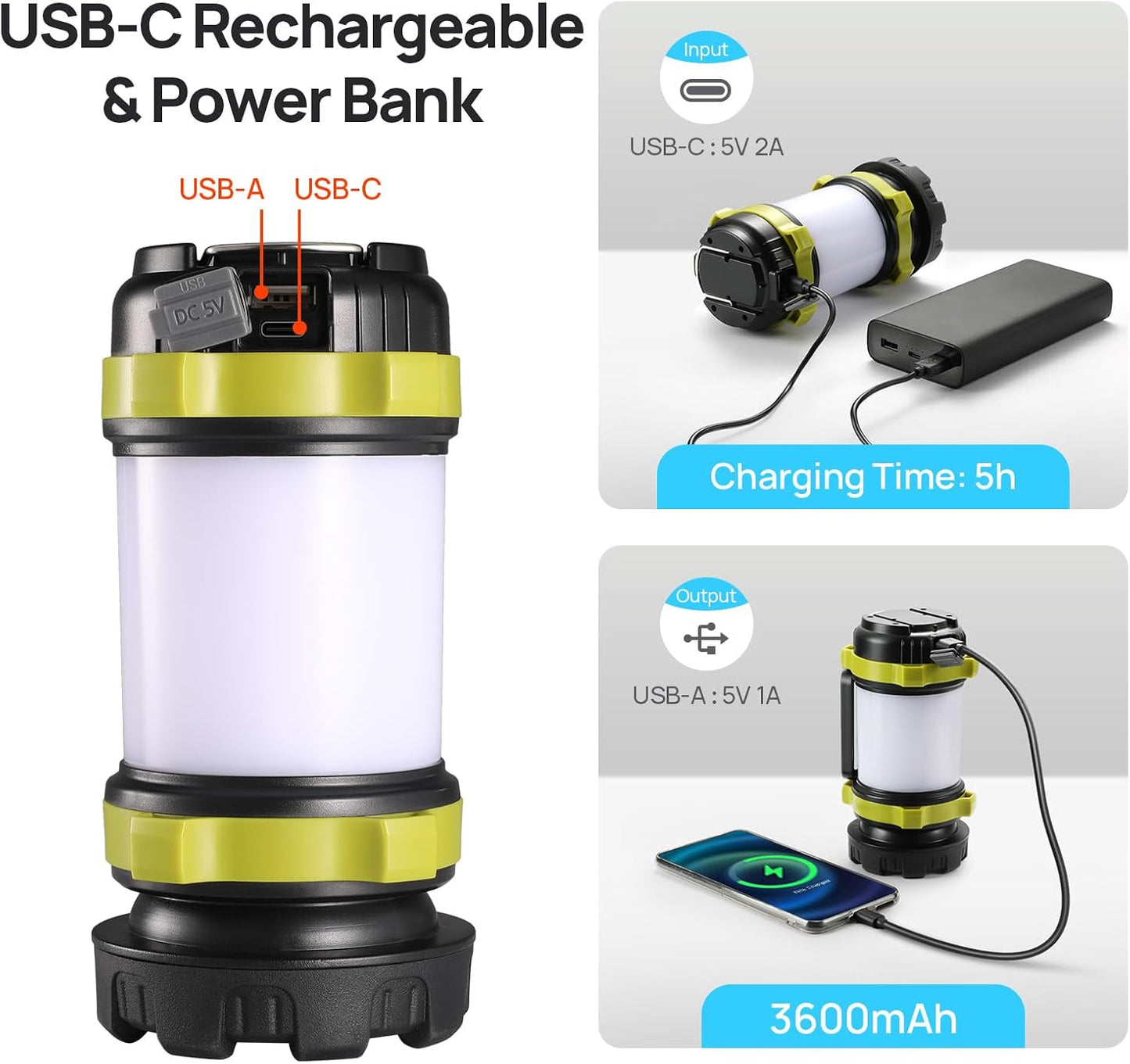2 Pack LED Camping Lantern Flashlight Rechargeable, Consciot Portable Torch with 6 Light Modes, 3600mAh Power Bank, IPX4 Waterproof, USB C, Camping Lights for Hurricane, Emergency, Survival Kits