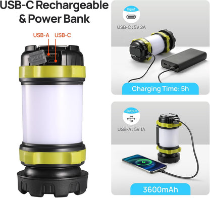 2 Pack LED Camping Lantern Flashlight Rechargeable, Consciot Portable Torch with 6 Light Modes, 3600mAh Power Bank, IPX4 Waterproof, USB C, Camping Lights for Hurricane, Emergency, Survival Kits