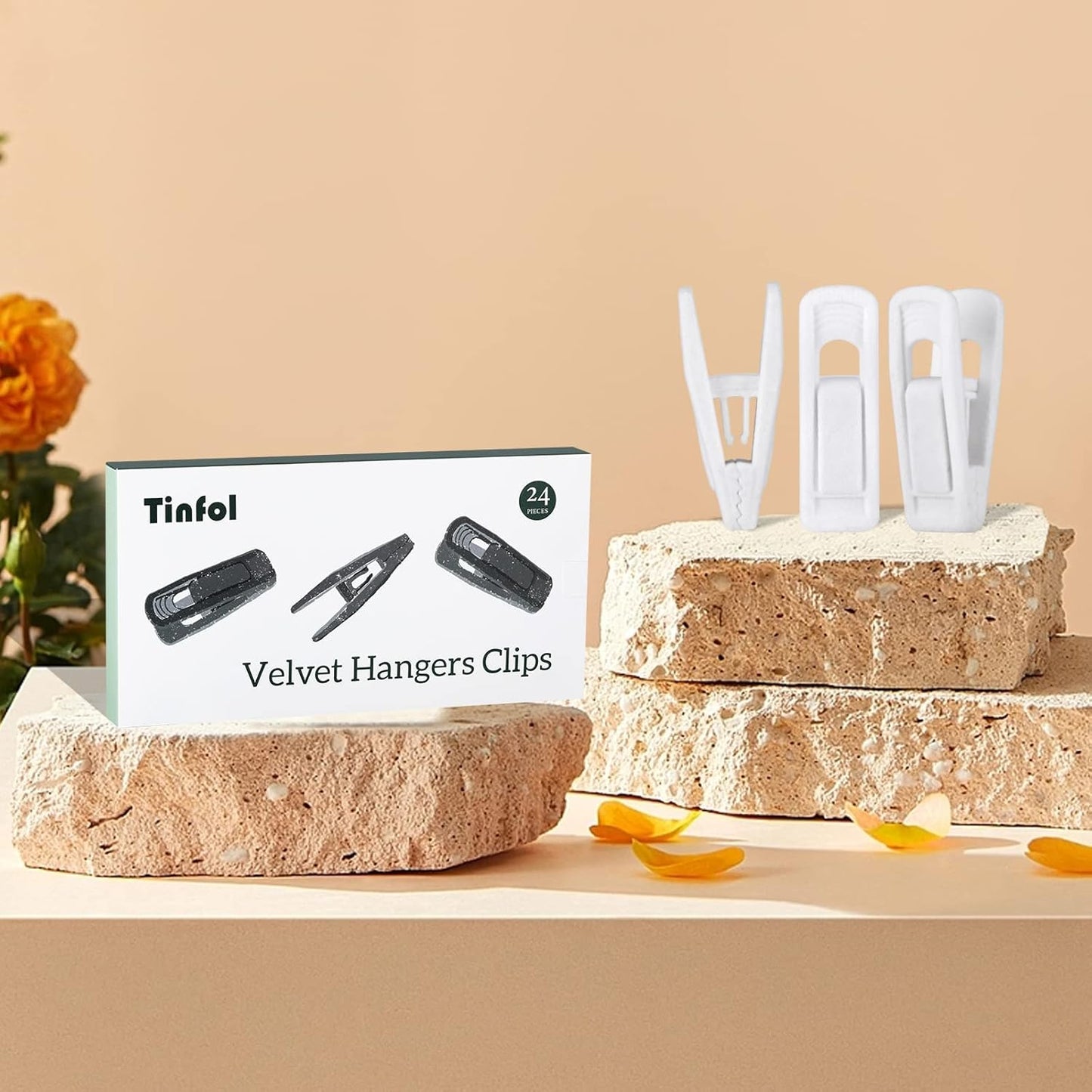 Tinfol Velvet Hanger Clips, 24 Pack Black Pants Hangers Clips, Large Opening Clothes Pin, Strong Finger Flocked Clip Perfect for Use with Slim-line Clothes Velvet Hanger