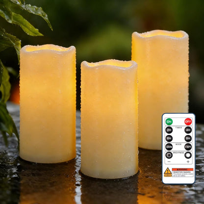 Raycare Outdoor Waterproof Flameless Candles, Battery Operated LED Electric Candles with Remote and Timers, Fake Pillar Candle for Patio, Porch, and Wedding Decor, Ivory, Set of 3(3"x4" 5" 6")