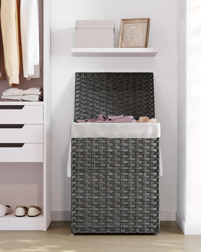 SONGMICS Laundry Hamper with Lid, 23.8 Gallon (90 L) Synthetic Rattan Clothes Laundry Basket with Lid and Handles, Foldable, Removable Liner, Chestnut Brown ULCB051K02