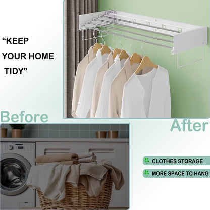 Wall Mounted Laundry Rack, Collapsible Clothes & Towel Drying Rack for Indoor & Outdoor, 40' W x 16.5 L Ft, 60 lb Capacity, White