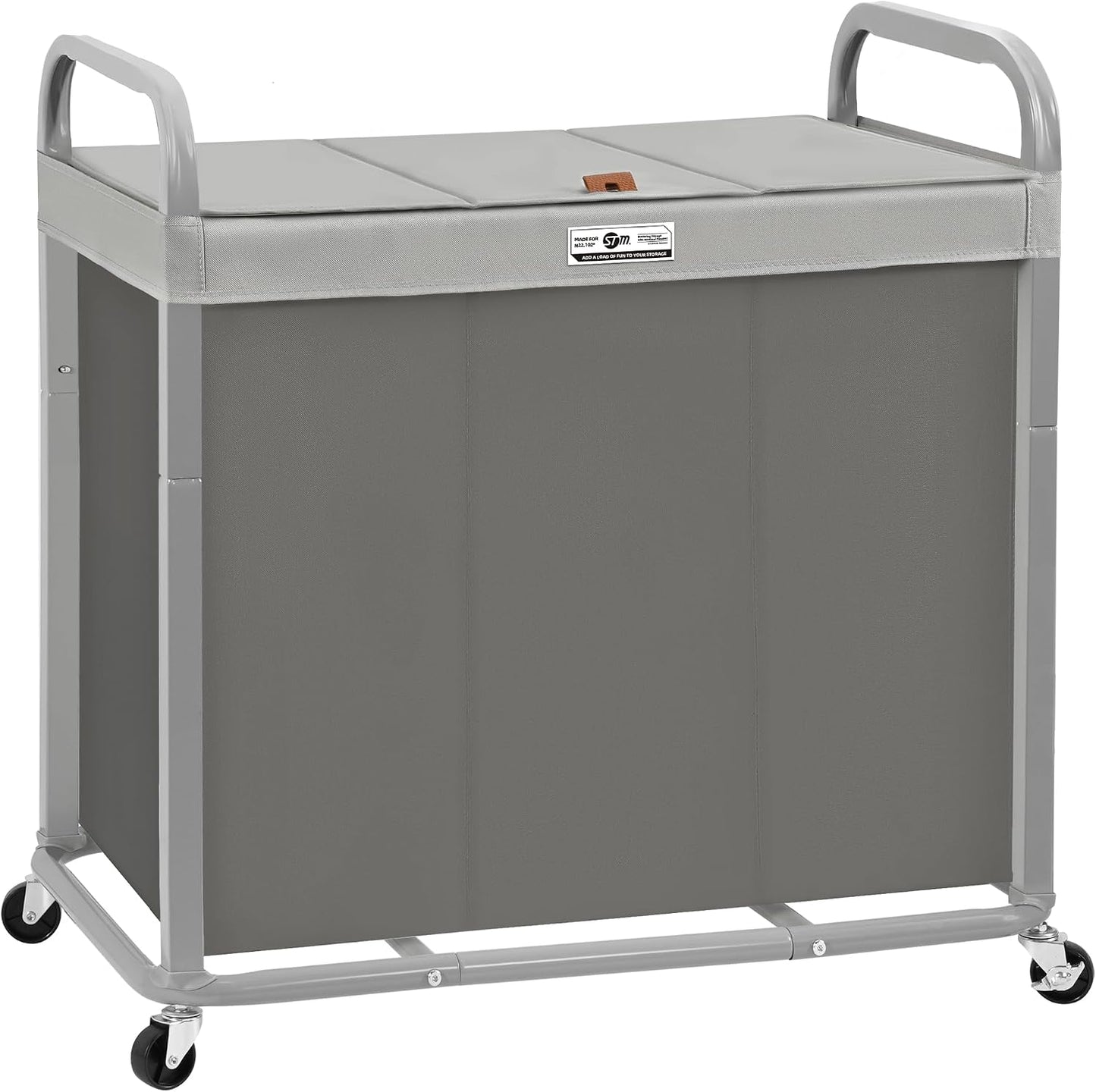STORAGE MANIAC 3 Section Laundry Sorter, 60 Gal. Laundry Hamper Cart with Heavy Duty Rolling Lockable Wheels and Removable Bags, Clothes Organizer Basket Clothes Separator Hamper, Beige with Lid