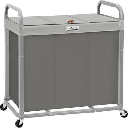 STORAGE MANIAC 3 Section Laundry Sorter, 60 Gal. Laundry Hamper Cart with Heavy Duty Rolling Lockable Wheels and Removable Bags, Clothes Organizer Basket Clothes Separator Hamper, Beige with Lid