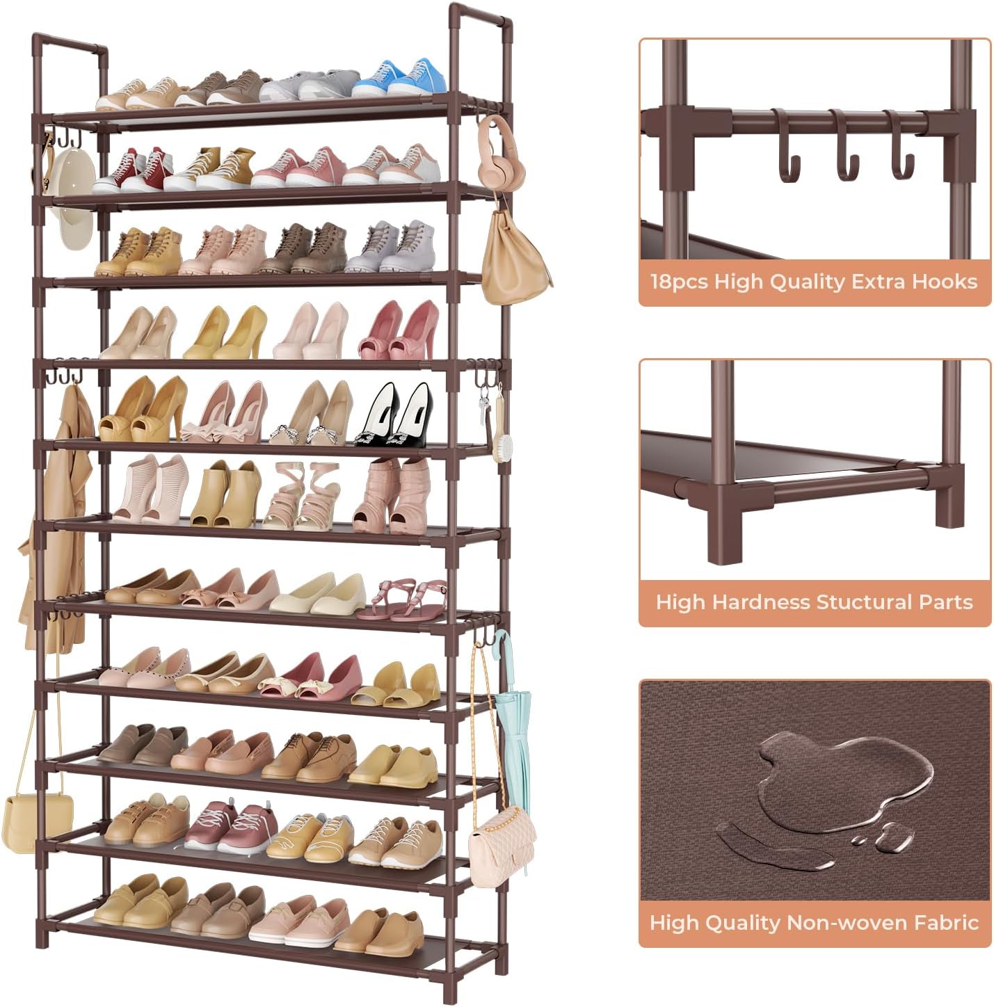 LANTEFUL 10 Tiers Shoe Rack 50 Pairs Large Capacity Tall Shoe Organizer Sturdy Shoe Storage with Two Hooks Space Saving Metal Wide Shoe Rack for Closet, Entryway, Bedroom, Black