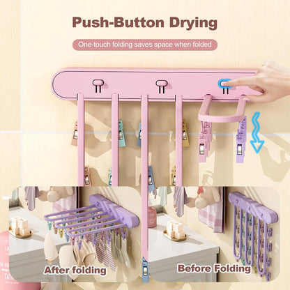 Clothes Drying Rack Wall Mounted, Clothes Drying Rack Folding Indoor with Clip, Balcony Drying Rack Dryer, Space Saver for Socks, Underwear, Rags, Towels