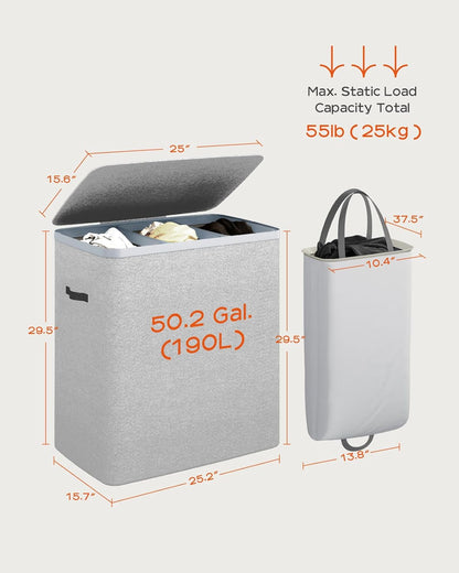 CASAMAYA Laundry Basket with Lid, Laundry Hamper 3 Section, 190L collapsible Laundry Organizer, Easy Assembly, with Handles and Removable Liners, 25.2 x 15.7 x 29.5 Inches, Beige JSP904M