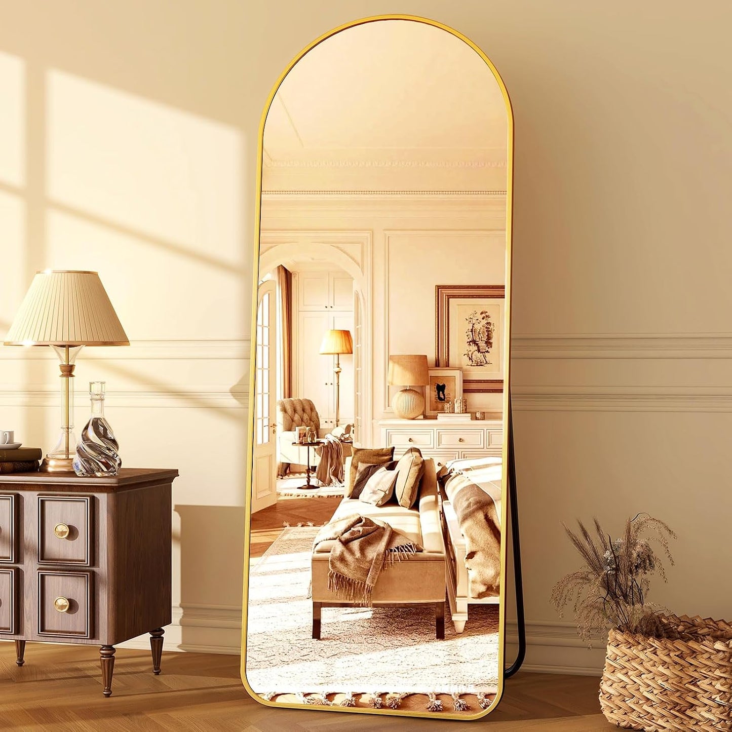 HARRITPURE 64"x21" Arched Full Length Mirror Free Standing Leaning Hanging Mounted Mirror Aluminum Frame Modern Simple Home Decor for Living Room Bedroom Cloakroom, Gold