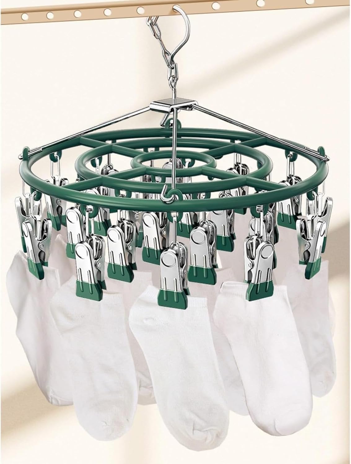 Drying Rack for Sock, Stainless Steel Sock Drying Rack with 24 Clips, Swivel Hook Windproof Hanger for Sock, Bras, Towel, Underwear, Laundry, Hat, Scarf, Pants, Gloves(Pink)