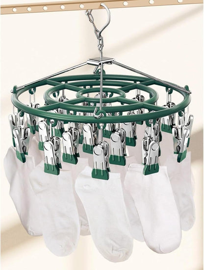 Drying Rack for Sock, Stainless Steel Sock Drying Rack with 24 Clips, Swivel Hook Windproof Hanger for Sock, Bras, Towel, Underwear, Laundry, Hat, Scarf, Pants, Gloves(Pink)