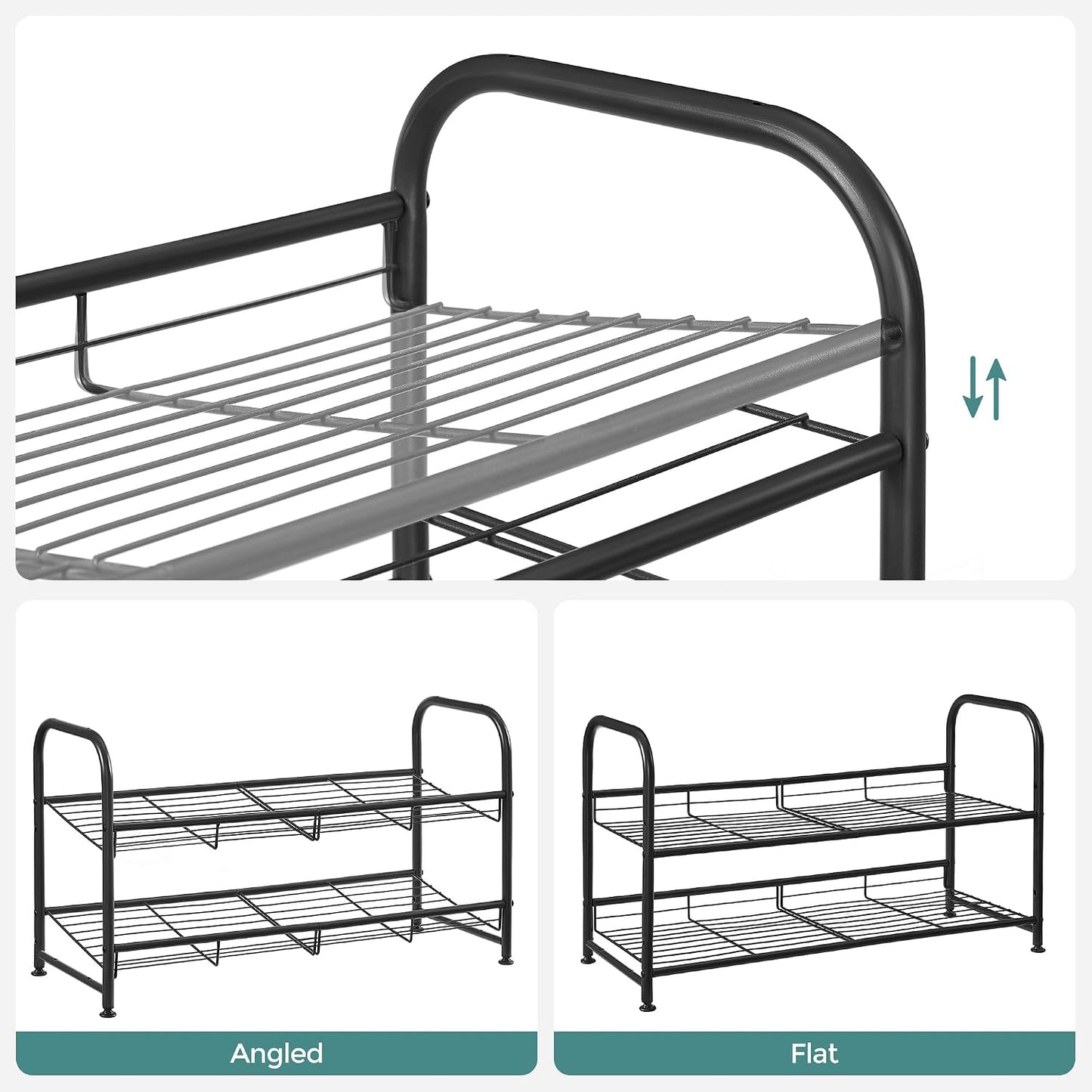 SONGMICS Stackable Shoe Rack, 4 Tier Metal Shoes Rack Storage Shelf, Holds up to 16 Pairs Shoes, Adjustable Slanted Shelves Shoe Tower Organizer for Closet Entryway Small Spaces, Black