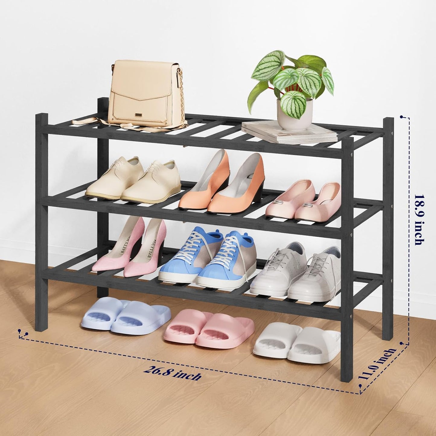 Kitsure Bamboo Wooden Shoe Rack for Closet - Stackable Shoe Organizer with Modular Structure, Space-Saving Shoe Shelf for Entryway, Living Room, Bedroom, 26.8" x 11" x 18.9", Natural